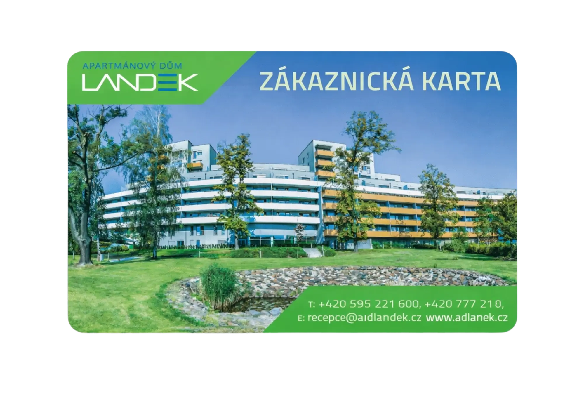 Zákaznická karta Apartmánového domu Landek s fotografií exteriéru budovy a zahradou
