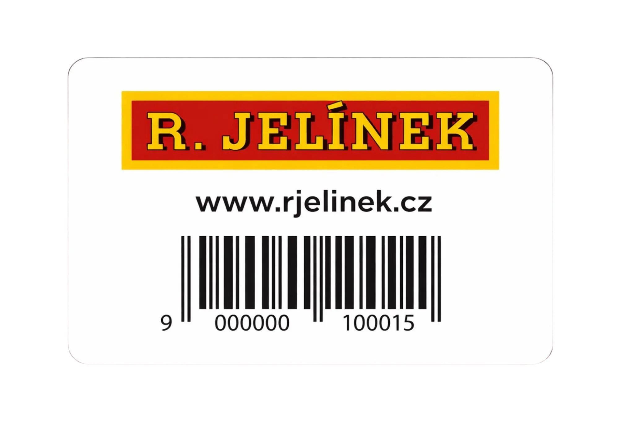 Bílá věrnostní karta s logem R. JELÍNEK, odkazem na web rjelinek.cz a čárovým kódem.