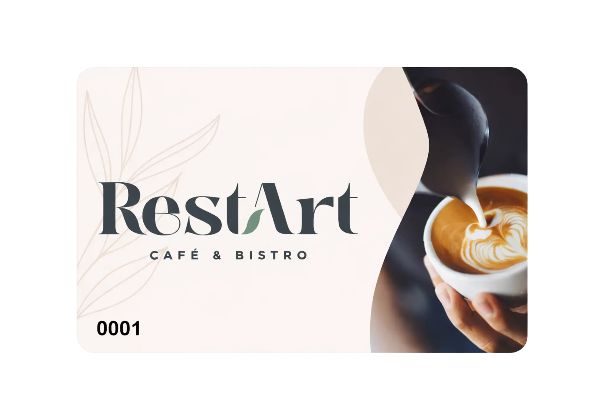 Logo RestArt Café & Bistro na věrnostní kartě s ilustrací přípravy latté art kávy
